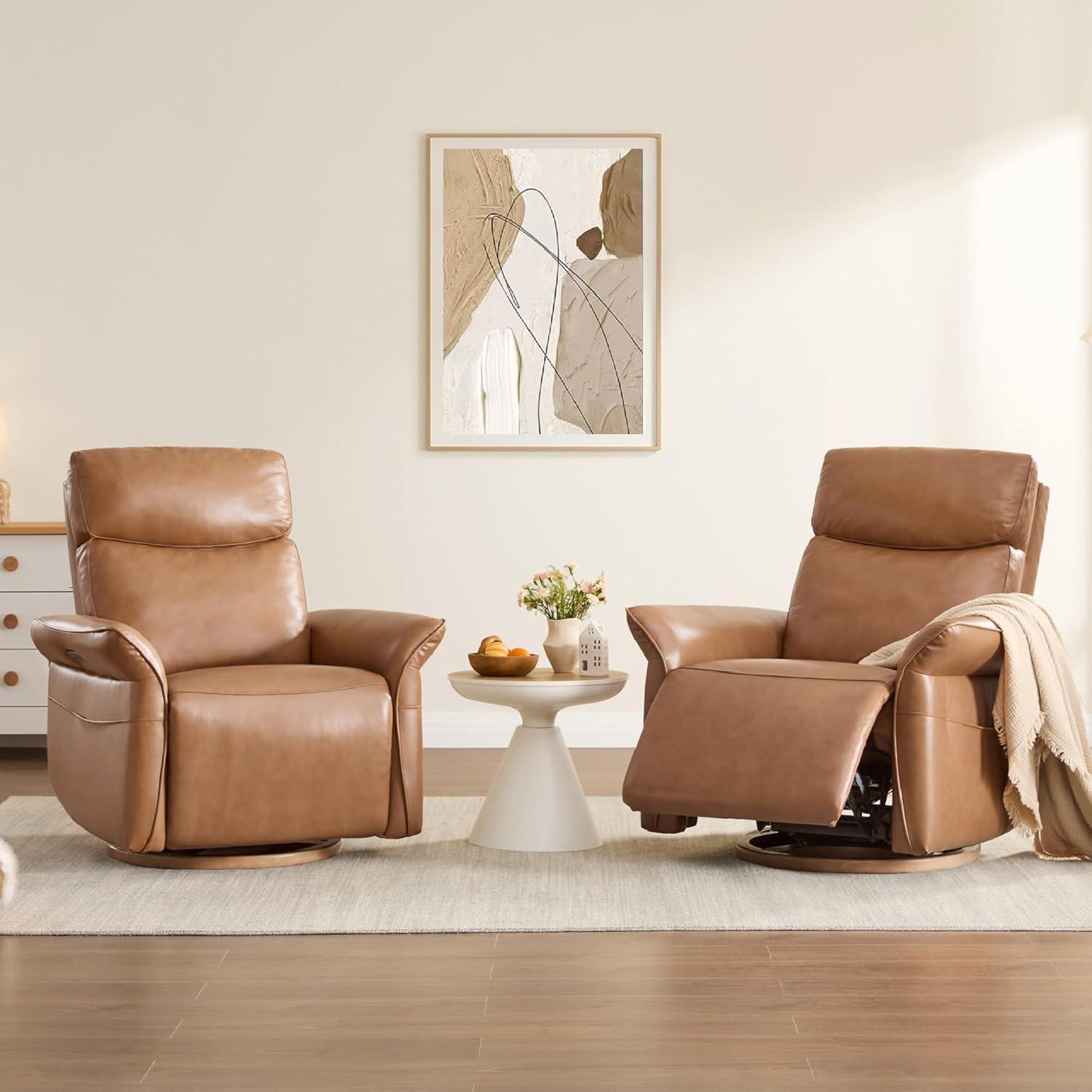 image:imageCHITA Power Recliner Chair Electric TripleMotor Swivel Glider Nursery Rocking Chair with Adjustable Power Headrest and Lumbar Support Solid Wood Base LinenGenuine Leathersaddle Brown