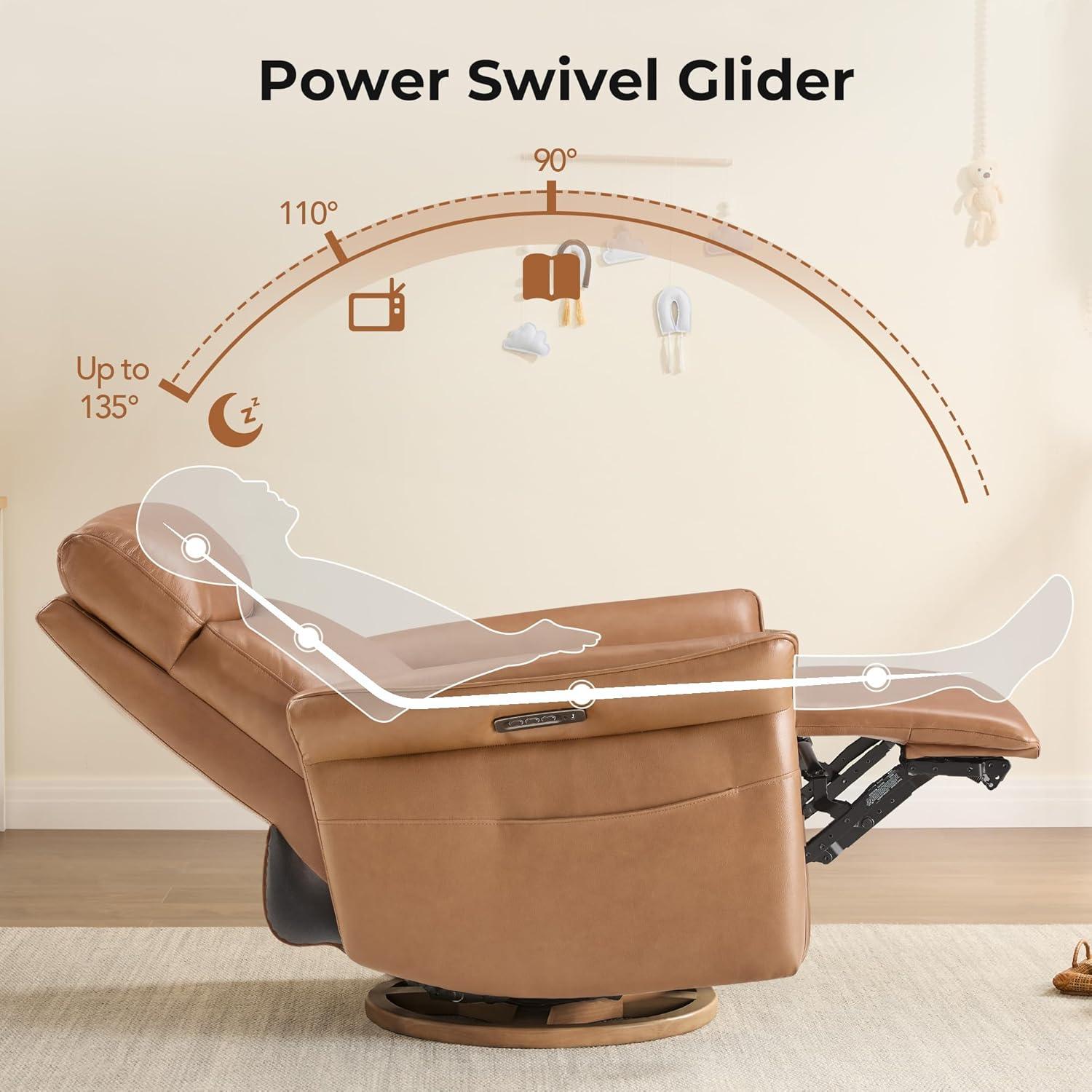 image:imageCHITA Power Recliner Chair Electric TripleMotor Swivel Glider Nursery Rocking Chair with Adjustable Power Headrest and Lumbar Support Solid Wood Base LinenGenuine Leathersaddle Brown