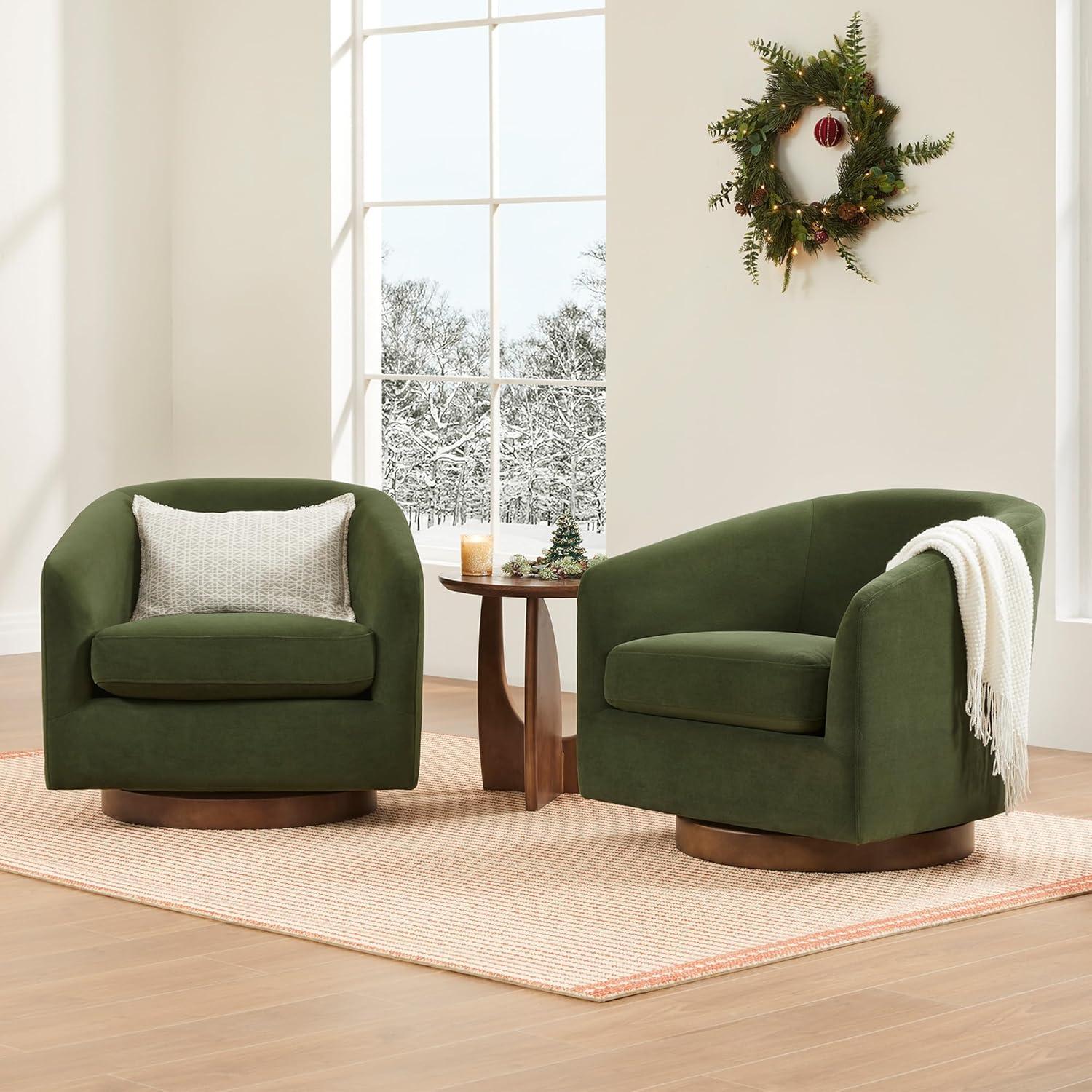image:imageCHITA Swivel Accent Chair FSC Certified Upholstered Fabric Barrel Chair for Living Room Fully Assembled Flax BeigeForest Green