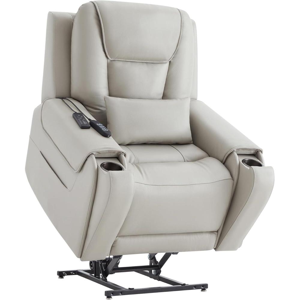 image:imageCHITA Electric Power Lift Recliner Chair for Elderly with Massage and Heat Large Lay Flat Genuine Leather Recliner Chair with Cup Holders USB Ports Power Headrest Independent Backrest SaddleLight Gray