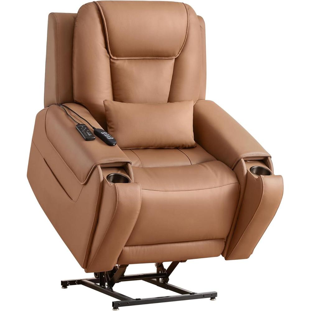 image:imageCHITA Electric Power Lift Recliner Chair for Elderly with Massage and Heat Large Lay Flat Genuine Leather Recliner Chair with Cup Holders USB Ports Power Headrest Independent Backrest SaddleSaddle