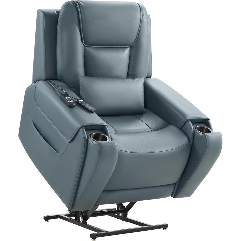 image:imageCHITA Electric Power Lift Recliner Chair for Elderly with Massage and Heat Large Lay Flat Genuine Leather Recliner Chair with Cup Holders USB Ports Power Headrest Independent Backrest SaddleNavy