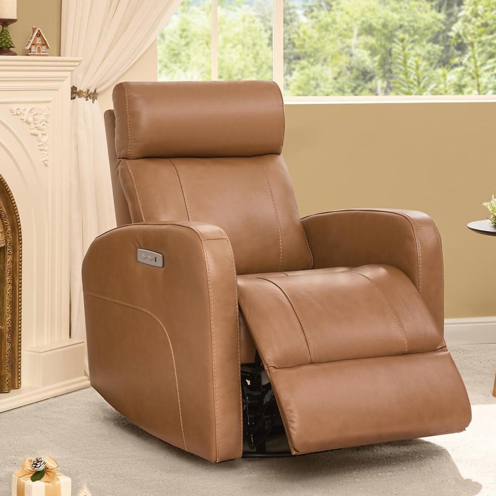 image:imageCHITA Genuine Leather Power Swivel Glider Recliner Chair FSC Certified Double Layer Backrest Truck Armrest Recliner Chair Sofa for Living RoomWhiteCamel Brown