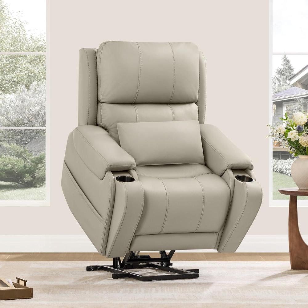 image:imageCHITA Power Lift Recliner Chair for Elderly with Heat and Massage Genuine Leather Electric Lift Chairs with Cup Holder Removable Lumbar Pillow 2 Side Pockets Leather in NavyGrey