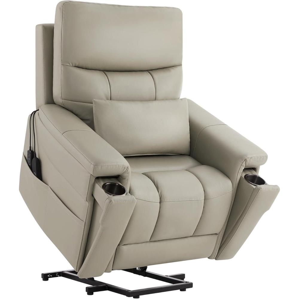 image:imageCHITA Power Lift Recliner Chair for Elderly with Power Headrest Genuine Leather Electric Lift Chairs with Heat and Massage Cup Holder Removable Lumbar Pillow Side Pockets Real Leather in GrayGrey