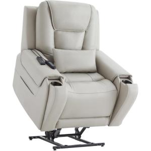 CHITA Electric Power Lift Recliner Chair for Elderly with Massage and Heat, Large Lay Flat Genuine Leather Recliner Chair with Cup Holders, USB Ports, Power Headrest, Independent Backrest, Saddle(Light Gray)