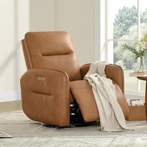 CHITA Faux Leather Power Recliner Chair, Swivel Glider Recliner for Adults, Nursery Rocking Chair with USB & Type-C Charging for Living Room, Bedroom, Creamy Grey(Camel)