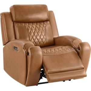 CHITA Genuine Leather Recliner Chair for Adults with Adjustable Power Headrest, Lay Flat Power Recliner with Slide-Out Cupholders & USB/Type-C Ports, Living Room Chair, Saddle(Saddle)