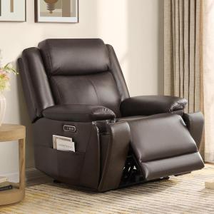 CHITA Power Genuine Leather Recliner Chair for Adults, Dual Motor Zero Wall Hugger Recliner with Adjustable Headrest for Modern Living Room, USB & Type-C Charging Ports, Saddle(Brown)