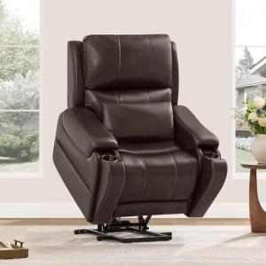 CHITA Power Lift Recliner Chair for Elderly with Heat and Massage, Genuine Leather Electric Lift Chairs with Cup Holder, Removable Lumbar Pillow, 2 Side Pockets, Leather in Navy(Brown)