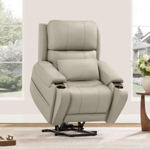 CHITA Power Lift Recliner Chair for Elderly with Heat and Massage, Genuine Leather Electric Lift Chairs with Cup Holder, Removable Lumbar Pillow, 2 Side Pockets, Leather in Navy(Grey)