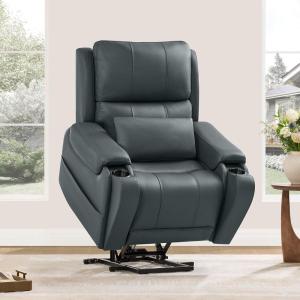 CHITA Power Lift Recliner Chair for Elderly with Heat and Massage, Genuine Leather Electric Lift Chairs with Cup Holder, Removable Lumbar Pillow, 2 Side Pockets, Leather in Navy(Navy)