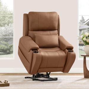 CHITA Power Lift Recliner Chair for Elderly with Heat and Massage, Genuine Leather Electric Lift Chairs with Cup Holder, Removable Lumbar Pillow, 2 Side Pockets, Leather in Navy(Saddle)