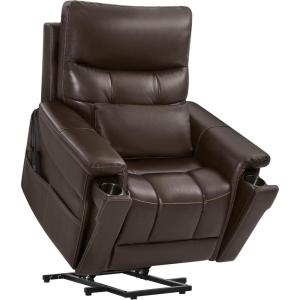 CHITA Power Lift Recliner Chair for Elderly with Power Headrest, Genuine Leather Electric Lift Chairs with Heat and Massage, Cup Holder, Removable Lumbar Pillow, Side Pockets, Real Leather in Gray(Brown)