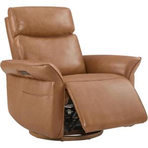 CHITA Power Recliner Chair, Electric Triple-Motor Swivel Glider Nursery Rocking Chair with Adjustable Power Headrest and Lumbar Support, Solid Wood Base, Linen(Genuine Leather-saddle Brown)