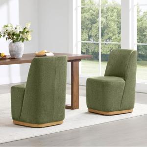 CHITA Upholstered Rolling Dining Chair on Casters Set of 2, FSC Certified Modern Fabric Dining Chair with Casters, Boucle Dining Chairs for Reading Room Kitchen Dining Room, Pearl(Moss Green)