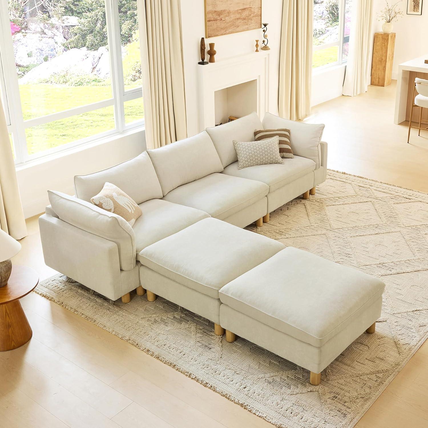 image:imageCHITA 92 Super Large Sectional Couches for Living Room Modular Cloud Couch Sectional Sofa Premium Fabric Couches Down Filled High Density Foam Chenille in Cream 2 Seater LoveseatCream