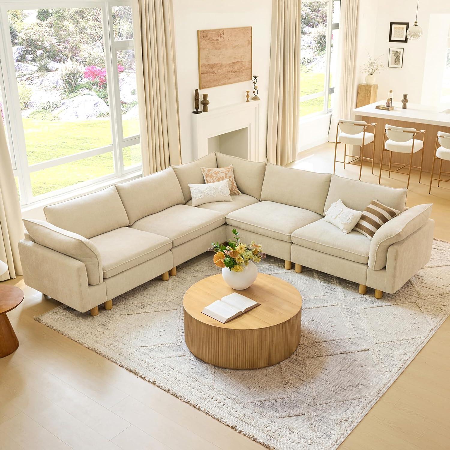 image:imageCHITA 92 Super Large Sectional Couches for Living Room Modular Cloud Couch Sectional Sofa Premium Fabric Couches Down Filled High Density Foam Chenille in Cream 2 Seater LoveseatBeige