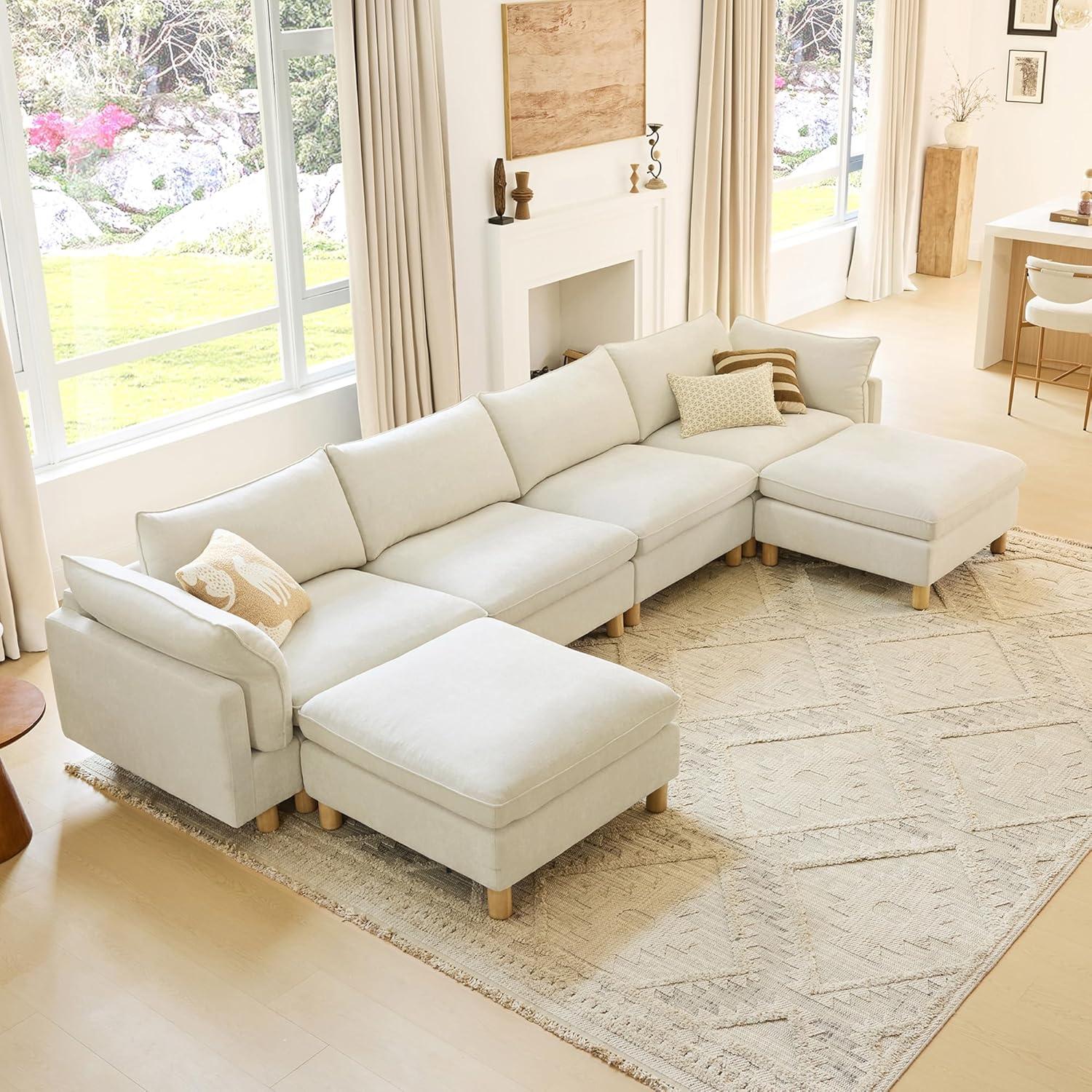image:imageCHITA 92 Super Large Sectional Couches for Living Room Modular Cloud Couch Sectional Sofa Premium Fabric Couches Down Filled High Density Foam Chenille in Cream 2 Seater LoveseatCream