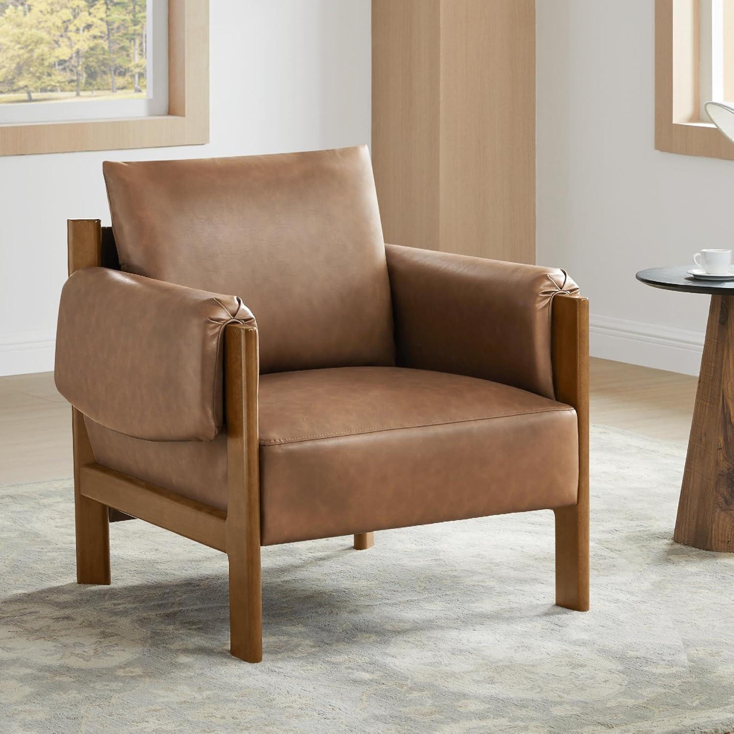 image:imageCHITA Accent Chair Mid Century Modern Upholstery Armchair for Living Room Solid Wood Frame Faux Leather in Saddle BrownSaddle Brown