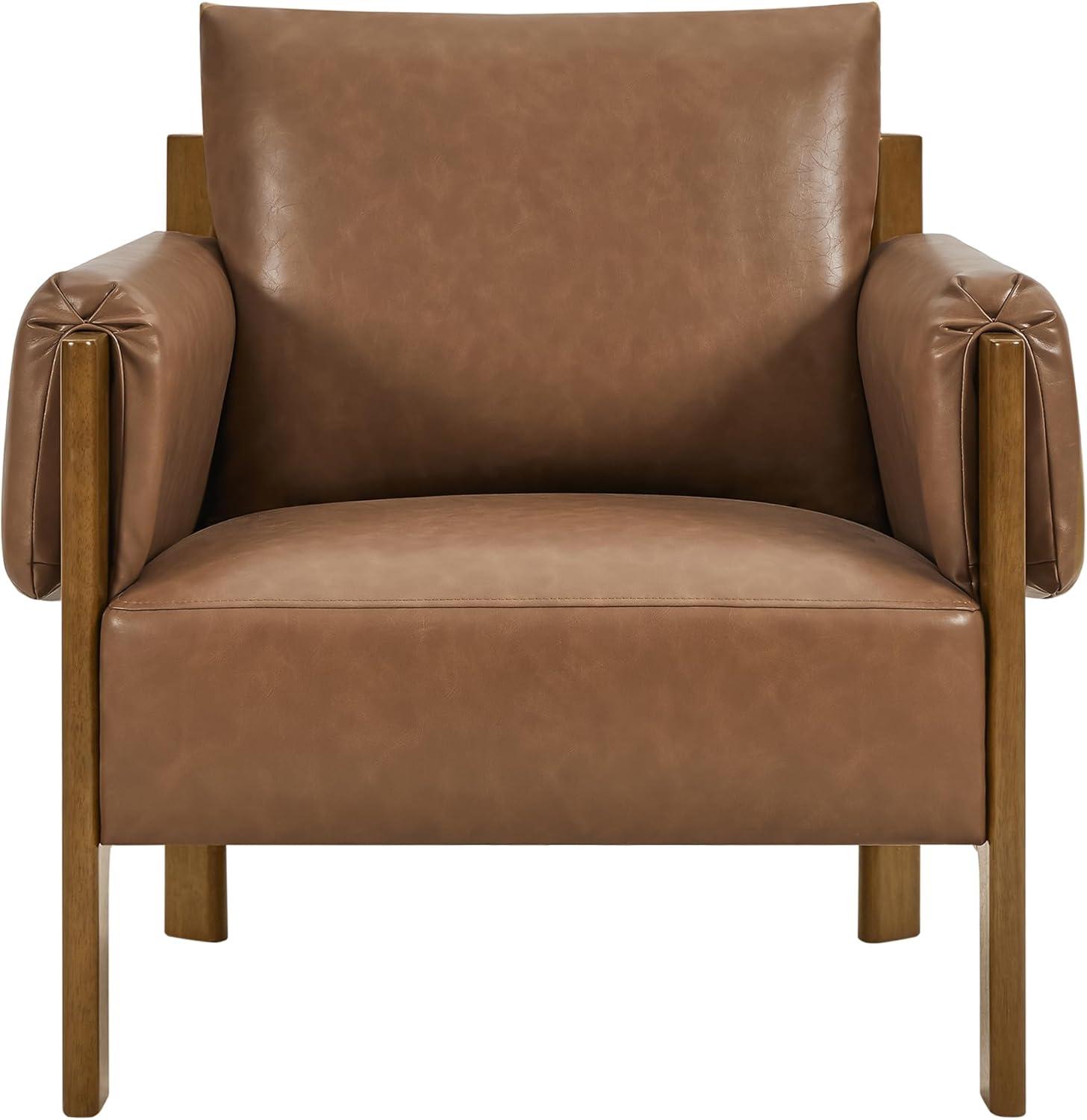 image:imageCHITA Accent Chair Mid Century Modern Upholstery Armchair for Living Room Solid Wood Frame Faux Leather in Saddle BrownSaddle Brown