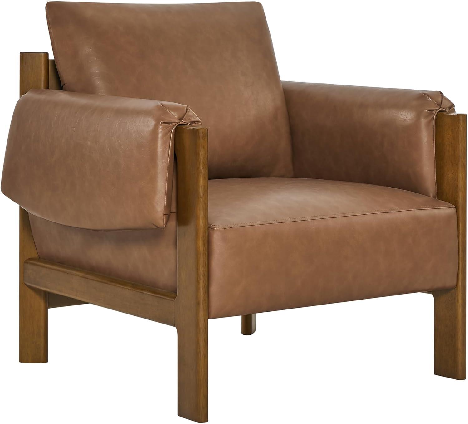 image:imageCHITA Accent Chair Mid Century Modern Upholstery Armchair for Living Room Solid Wood Frame Faux Leather in Saddle BrownSaddle Brown
