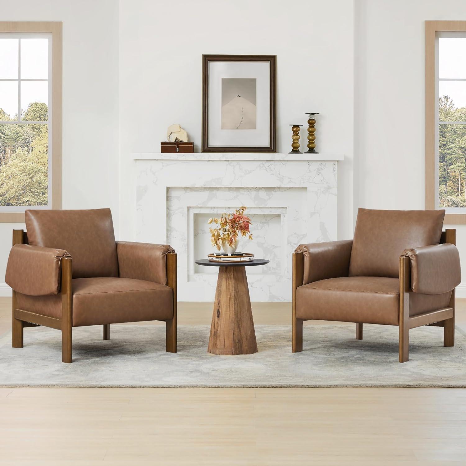 image:imageCHITA Accent Chair Mid Century Modern Upholstery Armchair for Living Room Solid Wood Frame Faux Leather in Saddle BrownSaddle Brown