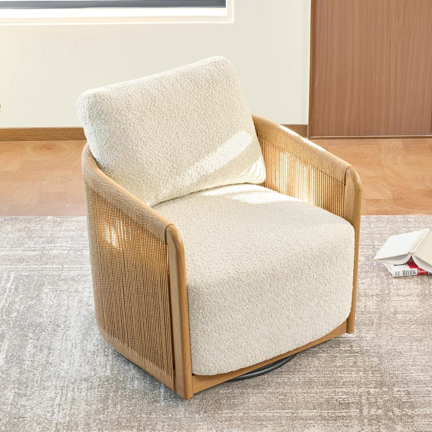 image:imageCHITA Braid Swivel Accent Chairs Modern Comfy Armchair with TransferPrinted WoodLike Finish Metal Frame for Living Room and Bedroom Boho Reading Chair StoneCream