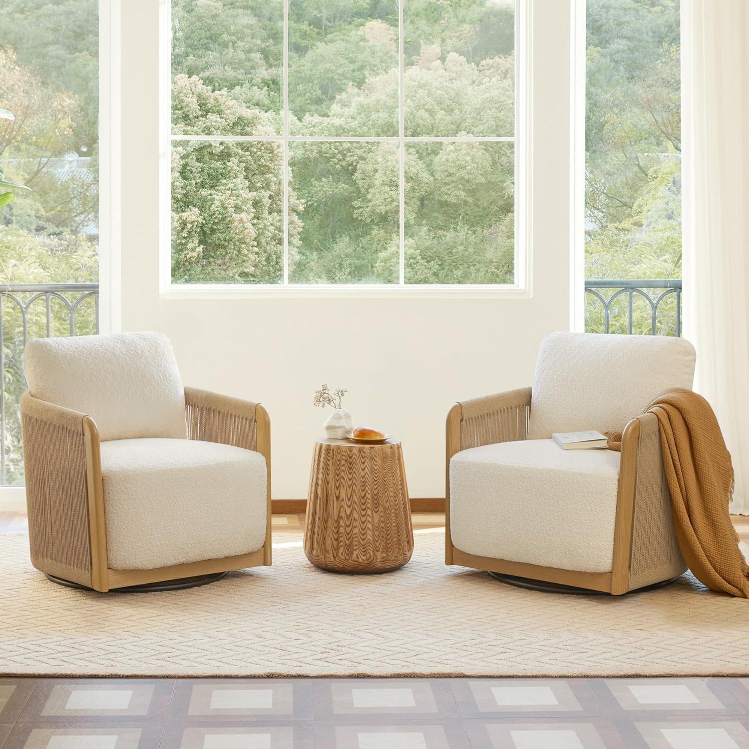 image:imageCHITA Braid Swivel Accent Chairs Modern Comfy Armchair with TransferPrinted WoodLike Finish Metal Frame for Living Room and Bedroom Boho Reading Chair StoneCream