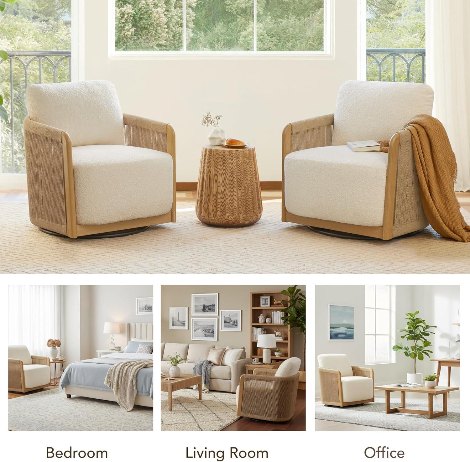 image:imageCHITA Braid Swivel Accent Chairs Modern Comfy Armchair with TransferPrinted WoodLike Finish Metal Frame for Living Room and Bedroom Boho Reading Chair StoneCream