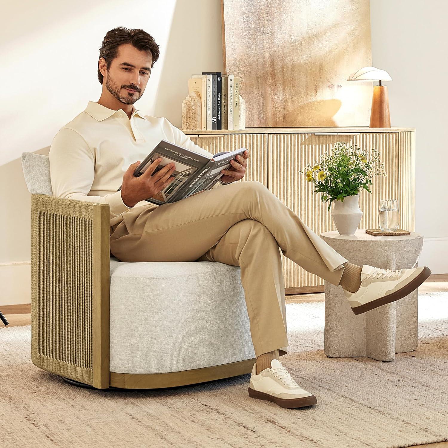 image:imageCHITA Braid Swivel Accent Chairs Modern Comfy FSC Certified Armchair with Paper Cord amp Wood Frame for Living Room and Bedroom Fully Assembled LinenLinen