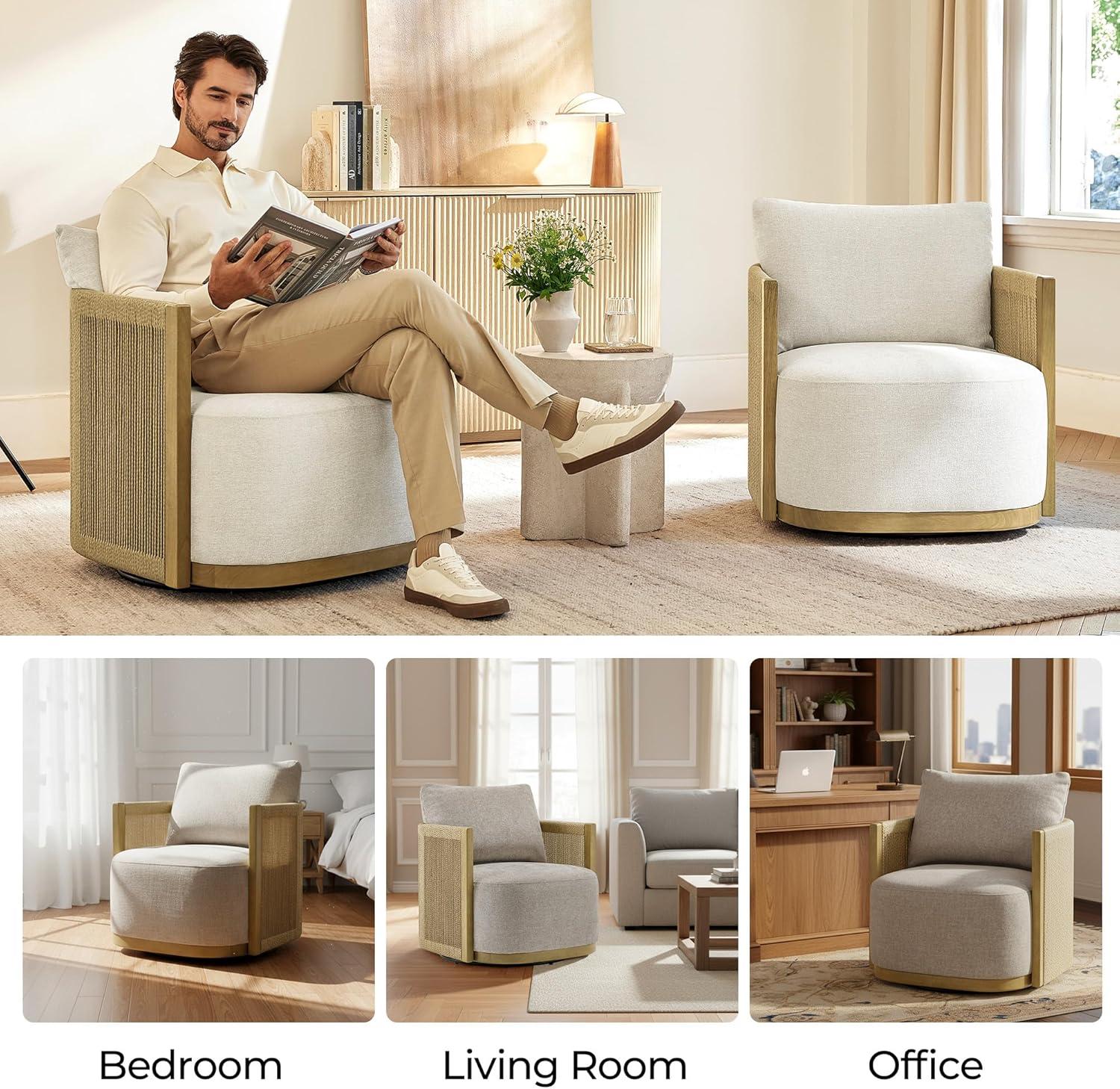 image:imageCHITA Braid Swivel Accent Chairs Modern Comfy FSC Certified Armchair with Paper Cord amp Wood Frame for Living Room and Bedroom Fully Assembled LinenLinen