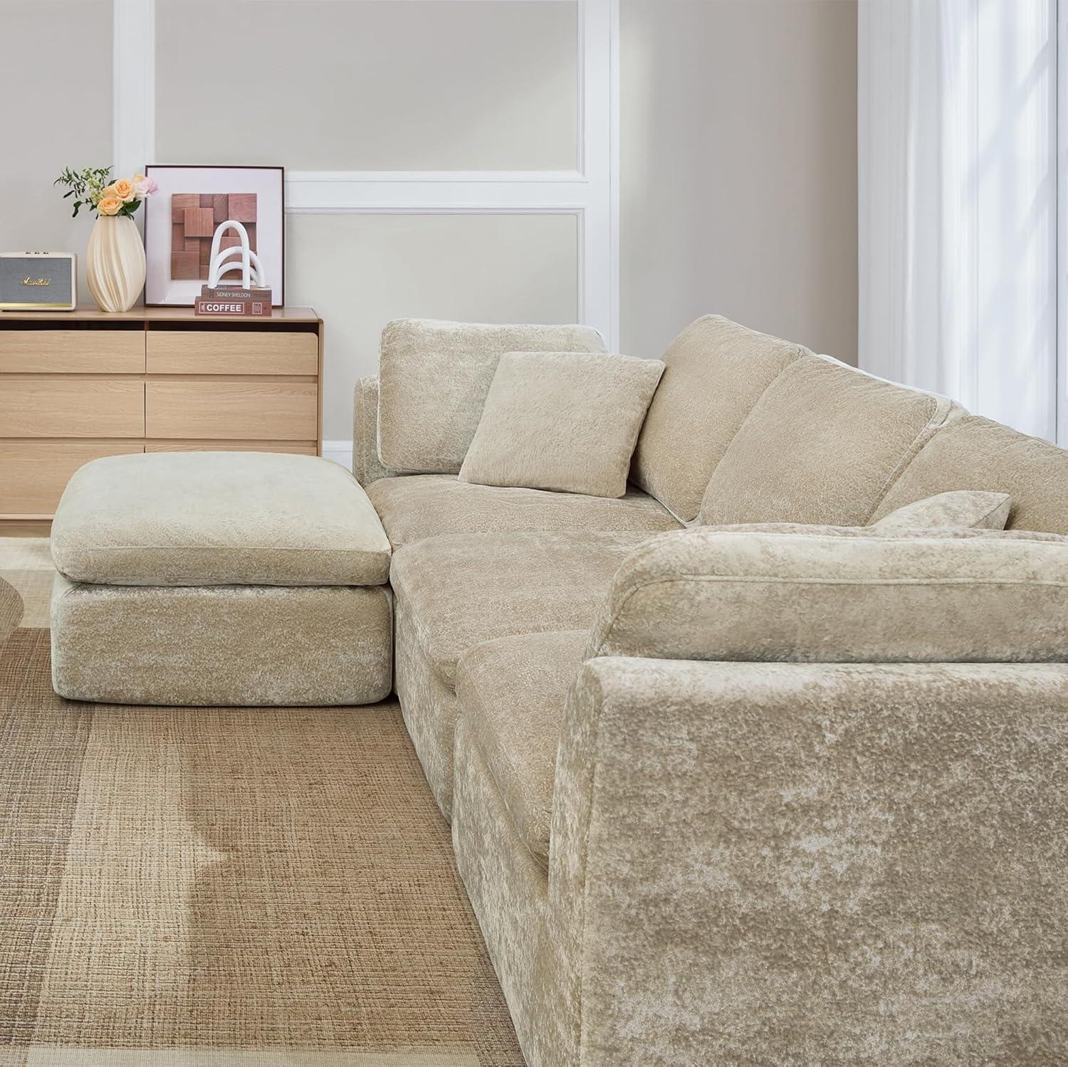 image:imageCHITA Cloud Modular Sectional Sofa Oversized Modern Couch with Movable Ottoman and Large Thick Armrest No Assembly Required LShaped Comfy Boneless Sofas for Living Room Chenille in CreamBrownish Gray