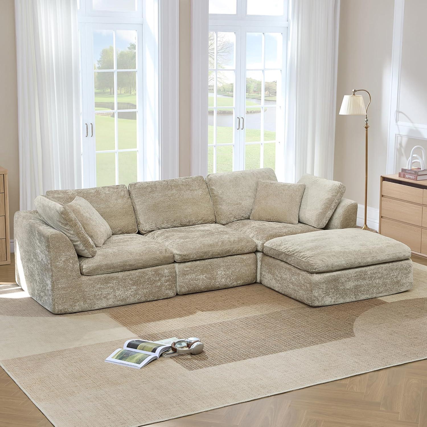 image:imageCHITA Cloud Modular Sectional Sofa Oversized Modern Couch with Movable Ottoman and Large Thick Armrest No Assembly Required LShaped Comfy Boneless Sofas for Living Room Chenille in CreamBrownish Gray