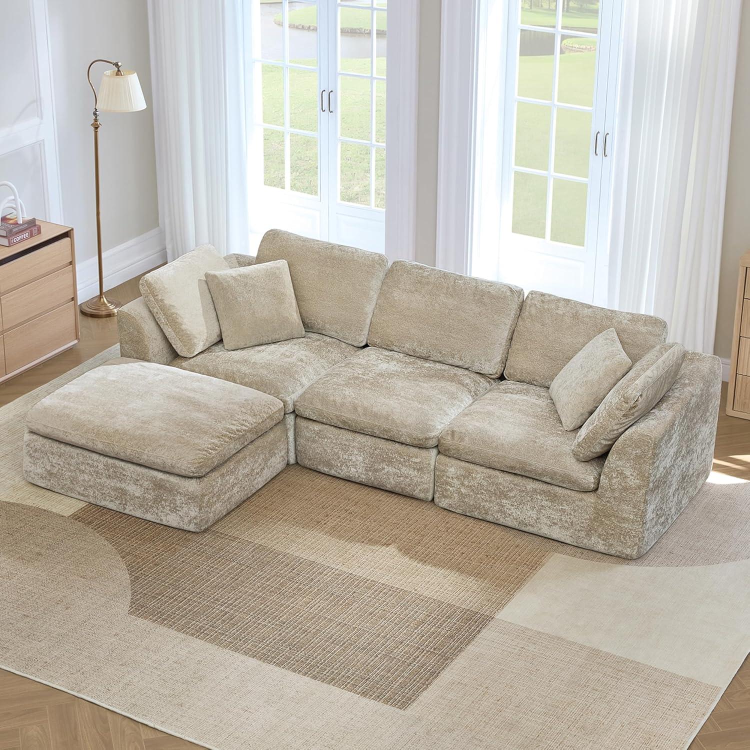 image:imageCHITA Cloud Modular Sectional Sofa Oversized Modern Couch with Movable Ottoman and Large Thick Armrest No Assembly Required LShaped Comfy Boneless Sofas for Living Room Chenille in CreamBrownish Gray