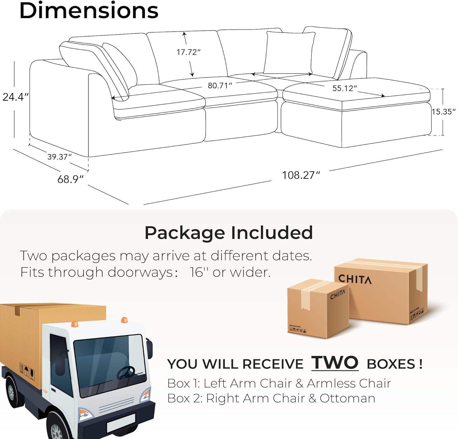 image:imageCHITA Cloud Modular Sectional Sofa Oversized Modern Couch with Movable Ottoman and Large Thick Armrest No Assembly Required LShaped Comfy Boneless Sofas for Living Room Chenille in CreamBrownish Gray