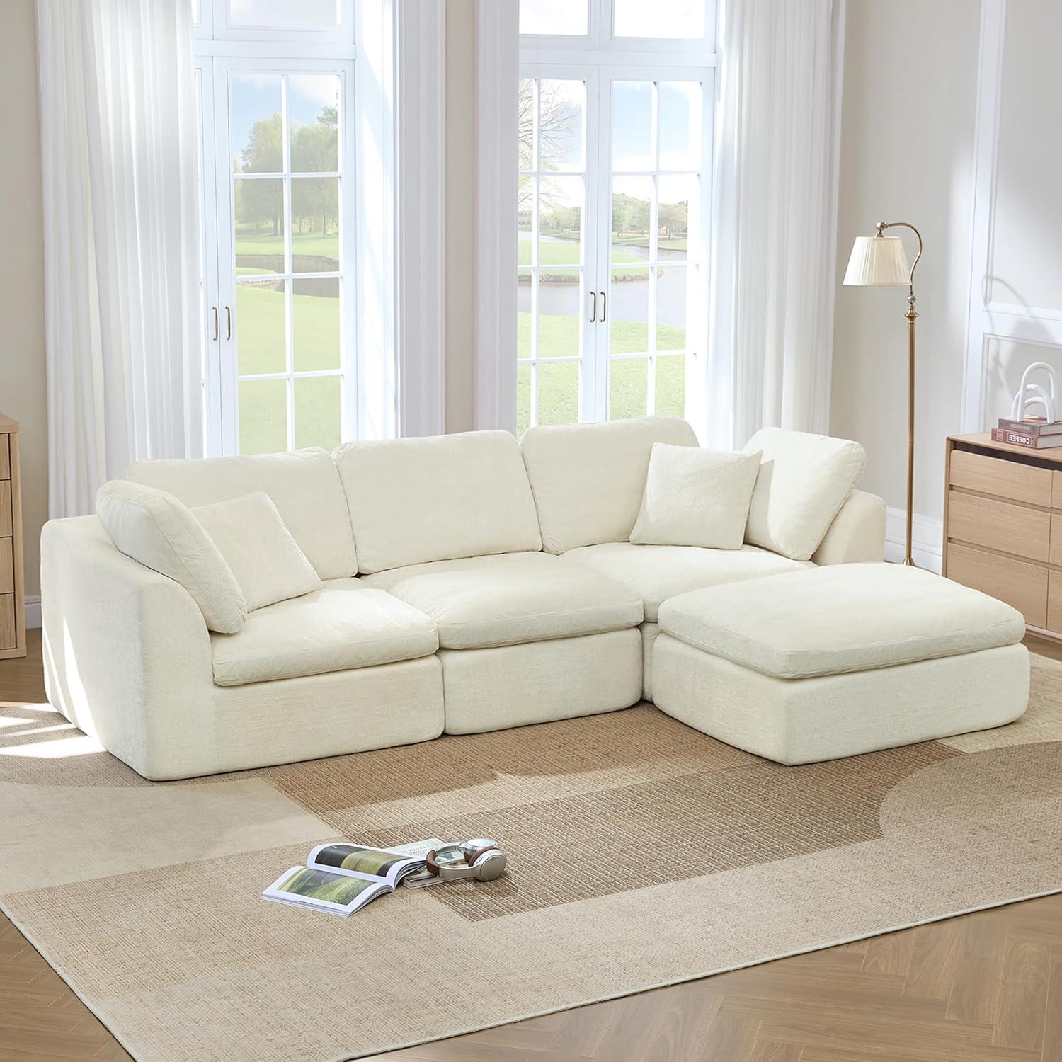 image:imageCHITA Cloud Modular Sectional Sofa Oversized Modern Couch with Movable Ottoman and Large Thick Armrest No Assembly Required LShaped Comfy Boneless Sofas for Living Room Chenille in CreamCream