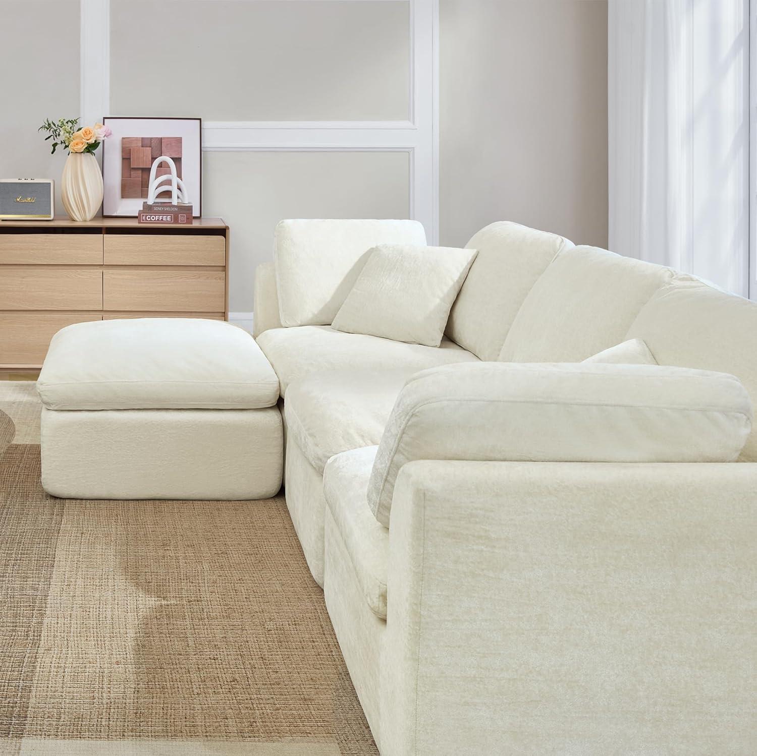 image:imageCHITA Cloud Modular Sectional Sofa Oversized Modern Couch with Movable Ottoman and Large Thick Armrest No Assembly Required LShaped Comfy Boneless Sofas for Living Room Chenille in CreamCream