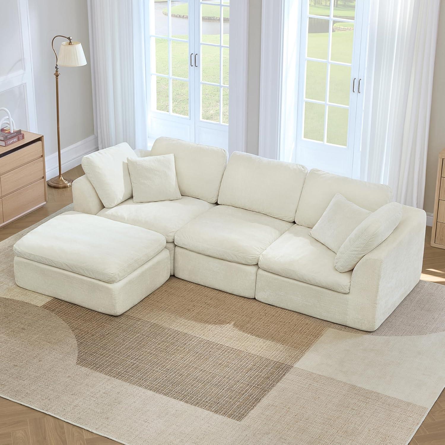 image:imageCHITA Cloud Modular Sectional Sofa Oversized Modern Couch with Movable Ottoman and Large Thick Armrest No Assembly Required LShaped Comfy Boneless Sofas for Living Room Chenille in CreamCream