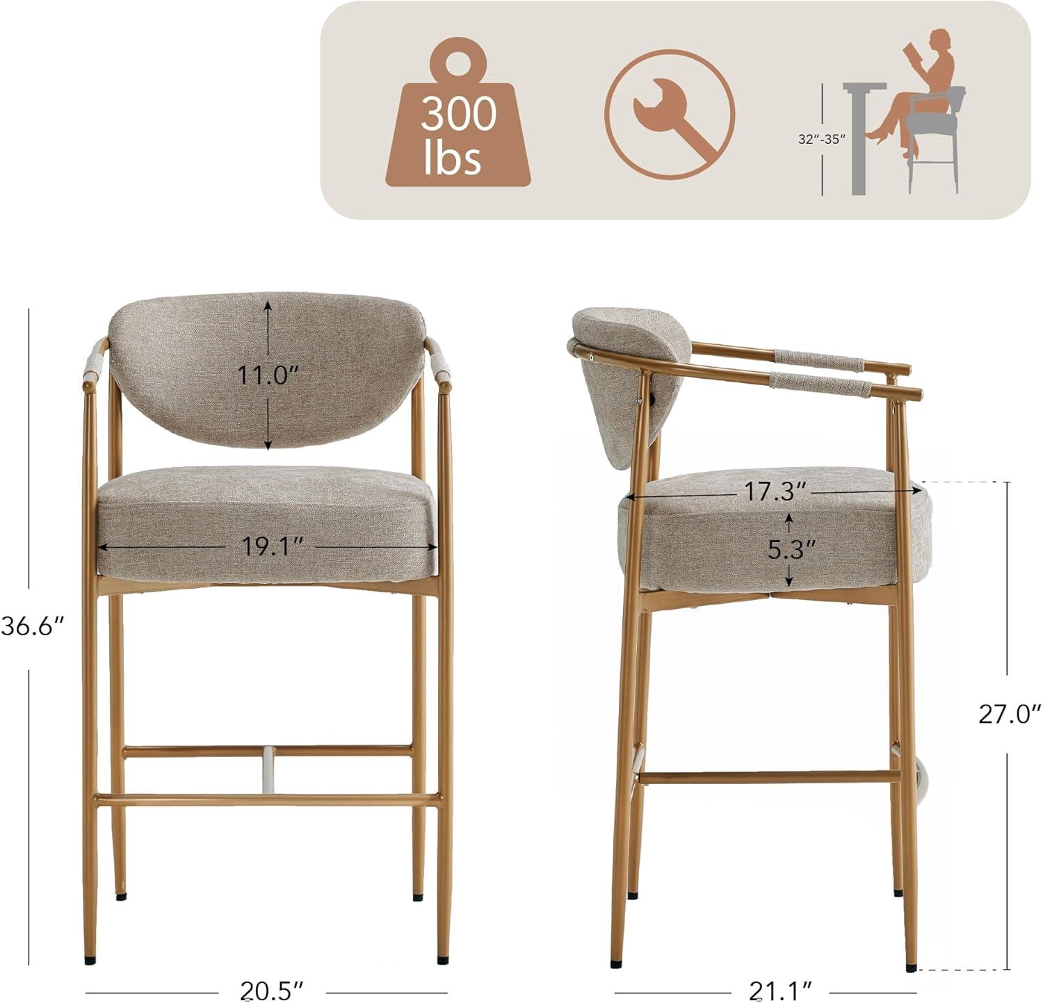 image:imageCHITA Counter Height Bar Stools Set of 2 Modern Upholstered Barstool with Arms and Metal Legs Counter Stools for Kitchen Island Home Bar 27 Seat Height Faux Leather in Saddle BrownFabric in Khaki