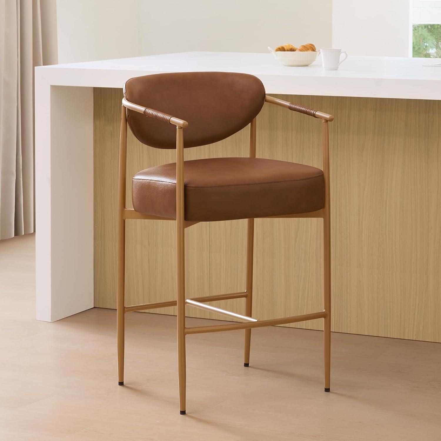 image:imageCHITA Counter Height Bar Stools Set of 2 Modern Upholstered Barstool with Arms and Metal Legs Counter Stools for Kitchen Island Home Bar 27 Seat Height Faux Leather in Saddle BrownFaux Leather in Saddle Brown