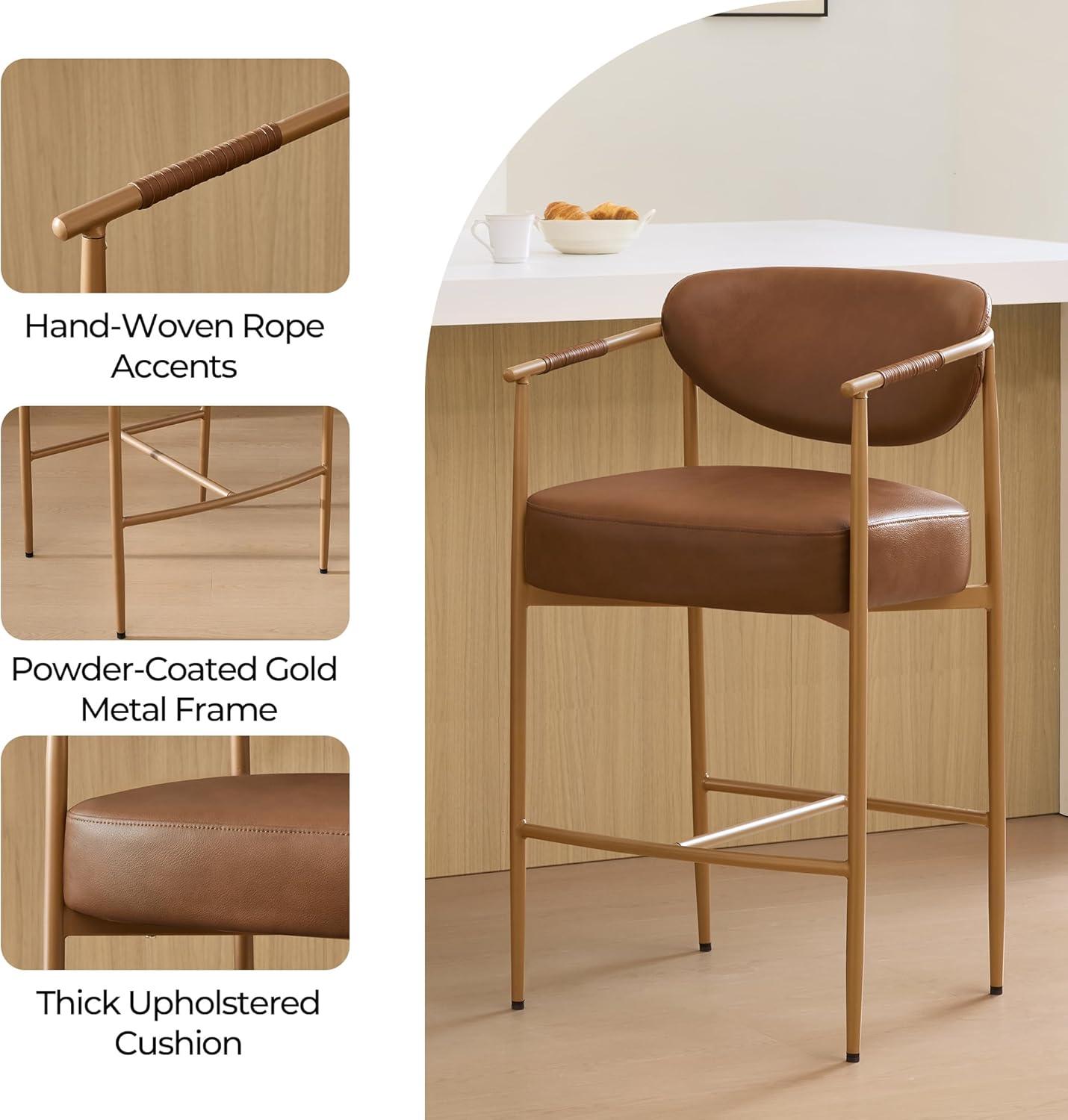 image:imageCHITA Counter Height Bar Stools Set of 2 Modern Upholstered Barstool with Arms and Metal Legs Counter Stools for Kitchen Island Home Bar 27 Seat Height Faux Leather in Saddle BrownFaux Leather in Saddle Brown
