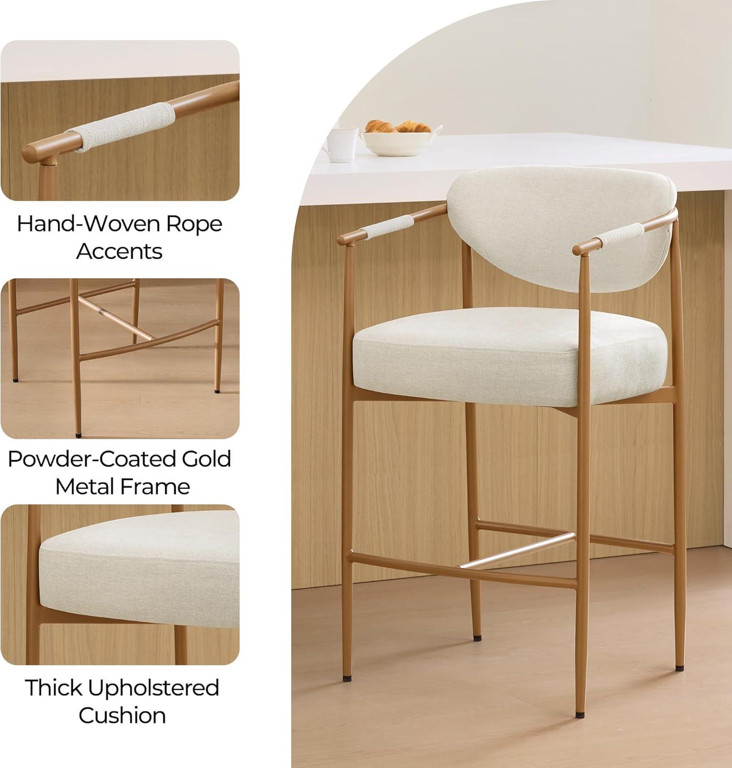 image:imageCHITA Counter Height Bar Stools Set of 2 Modern Upholstered Barstool with Arms and Metal Legs Counter Stools for Kitchen Island Home Bar 27 Seat Height Faux Leather in Saddle BrownFabricr in Linen