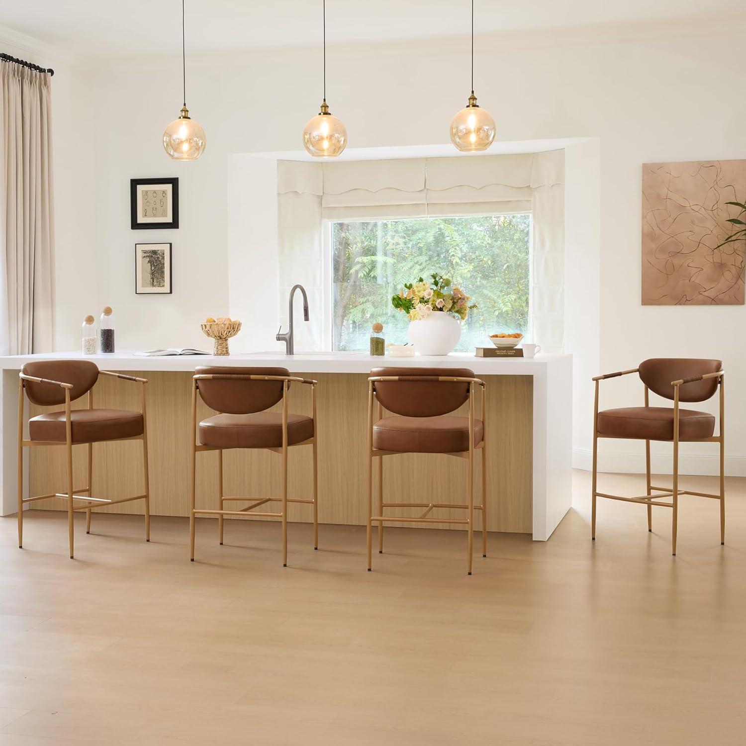 image:imageCHITA Counter Height Bar Stools Set of 2 Modern Upholstered Barstool with Arms and Metal Legs Counter Stools for Kitchen Island Home Bar 27 Seat Height Faux Leather in Saddle BrownFaux Leather in Saddle Brown