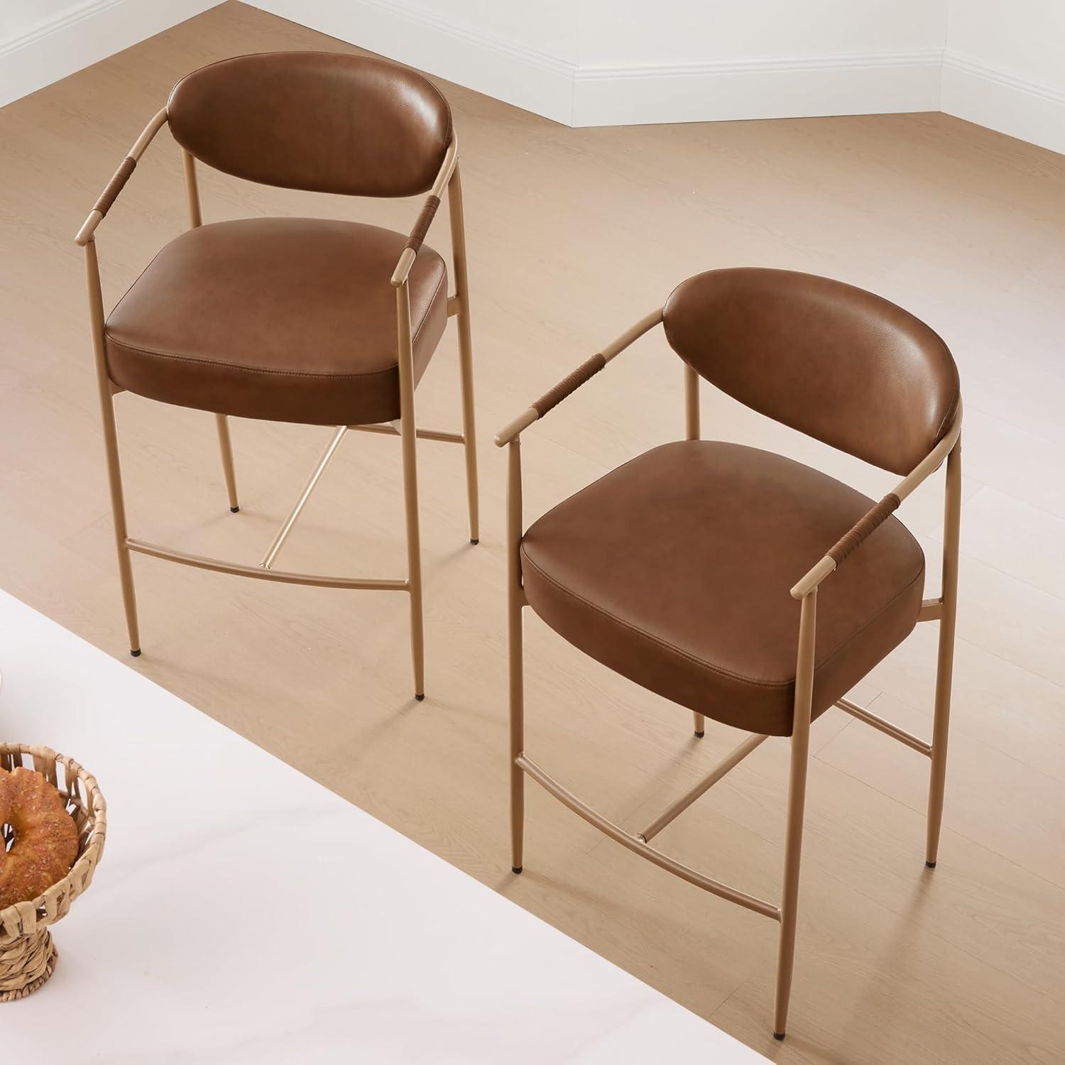 image:imageCHITA Counter Height Bar Stools Set of 2 Modern Upholstered Barstool with Arms and Metal Legs Counter Stools for Kitchen Island Home Bar 27 Seat Height Faux Leather in Saddle BrownFaux Leather in Saddle Brown