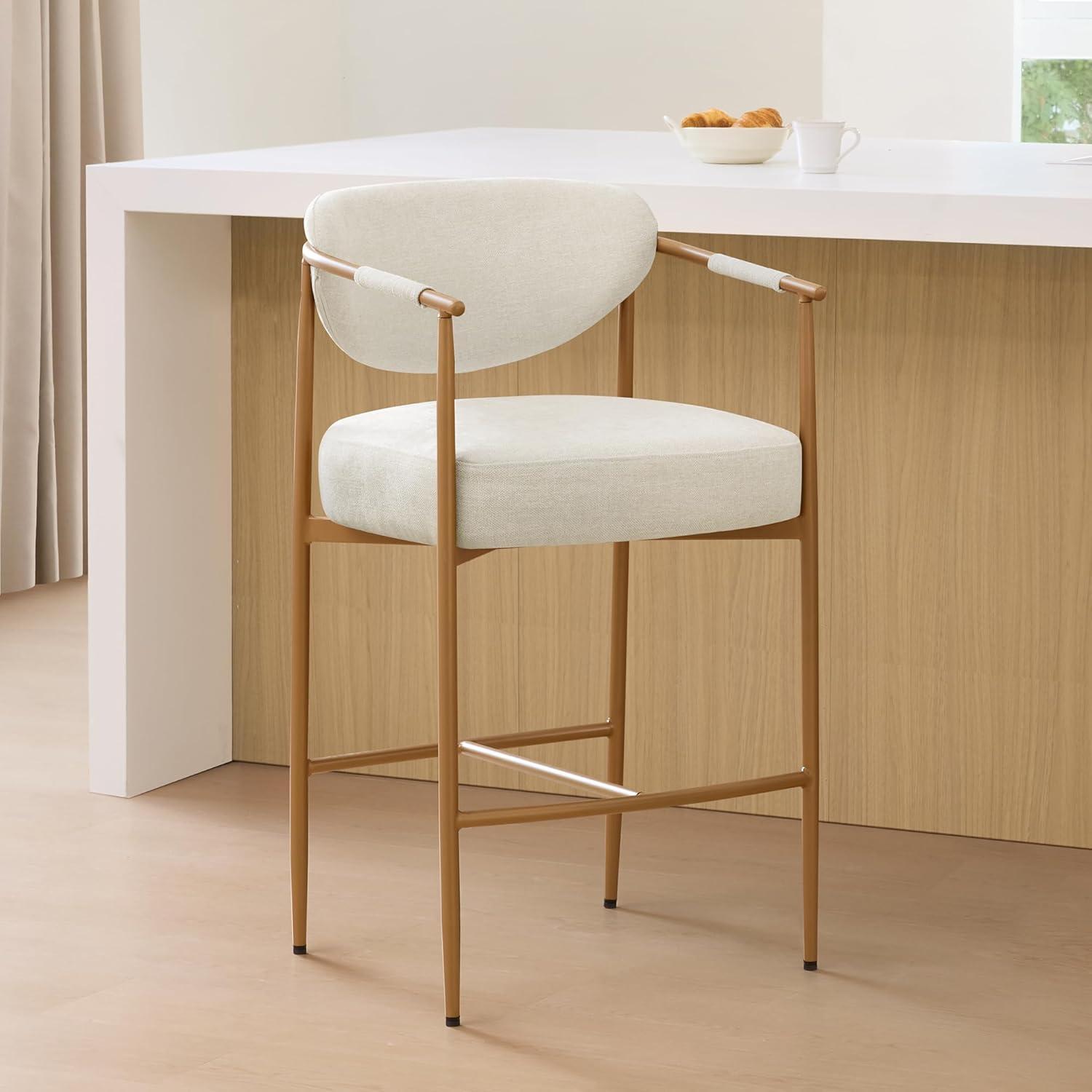 image:imageCHITA Counter Height Bar Stools Set of 2 Modern Upholstered Barstool with Arms and Metal Legs Counter Stools for Kitchen Island Home Bar 27 Seat Height Faux Leather in Saddle BrownFabricr in Linen