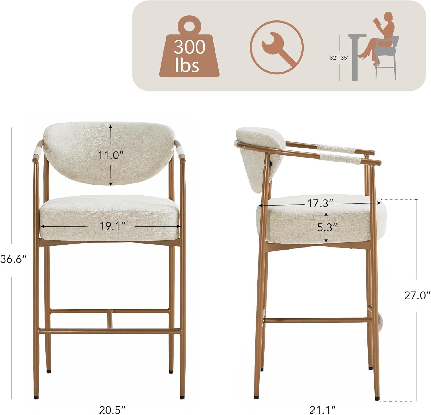 image:imageCHITA Counter Height Bar Stools Set of 2 Modern Upholstered Barstool with Arms and Metal Legs Counter Stools for Kitchen Island Home Bar 27 Seat Height Faux Leather in Saddle BrownFabricr in Linen