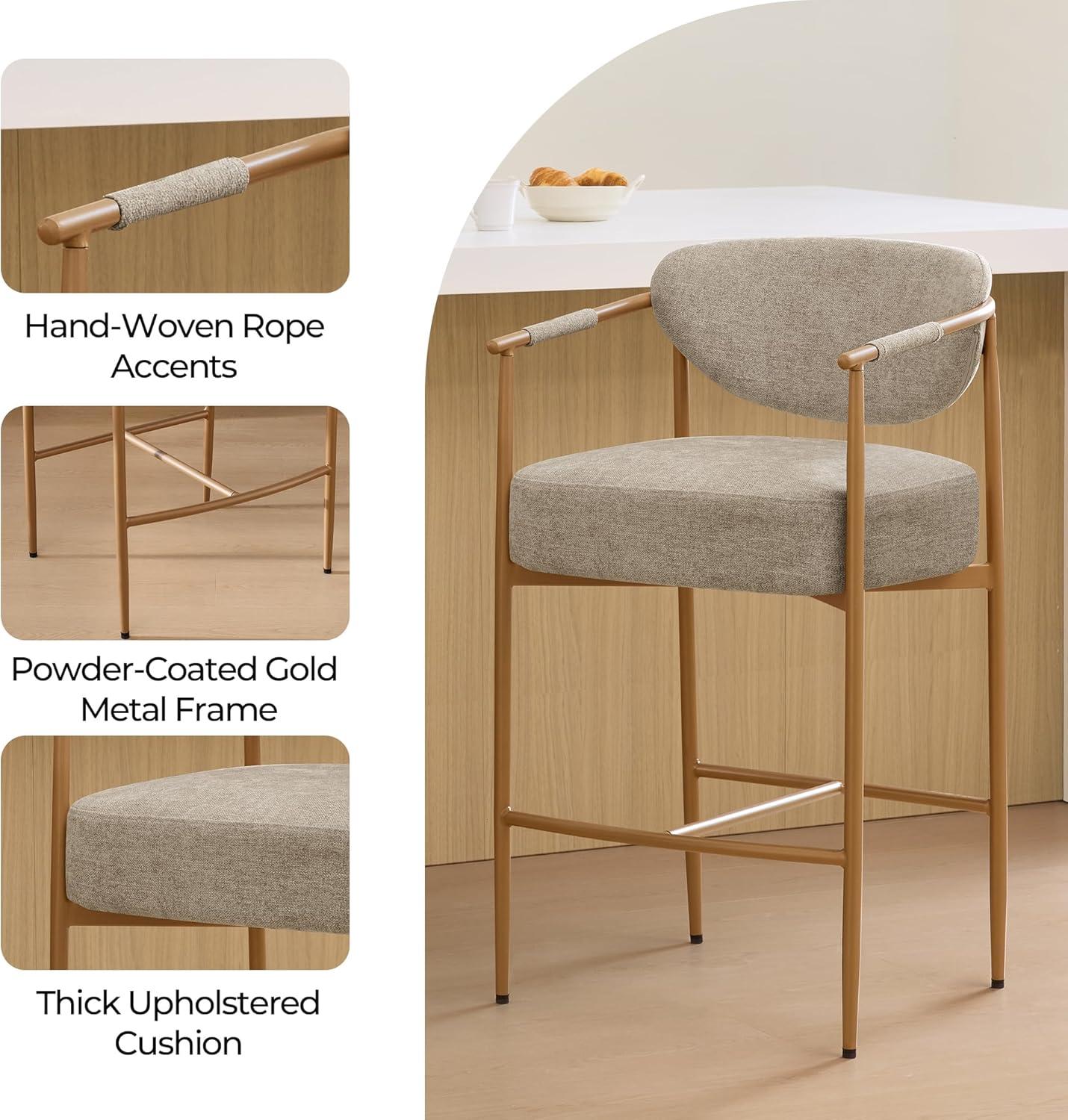image:imageCHITA Counter Height Bar Stools Set of 2 Modern Upholstered Barstool with Arms and Metal Legs Counter Stools for Kitchen Island Home Bar 27 Seat Height Faux Leather in Saddle BrownFabric in Khaki