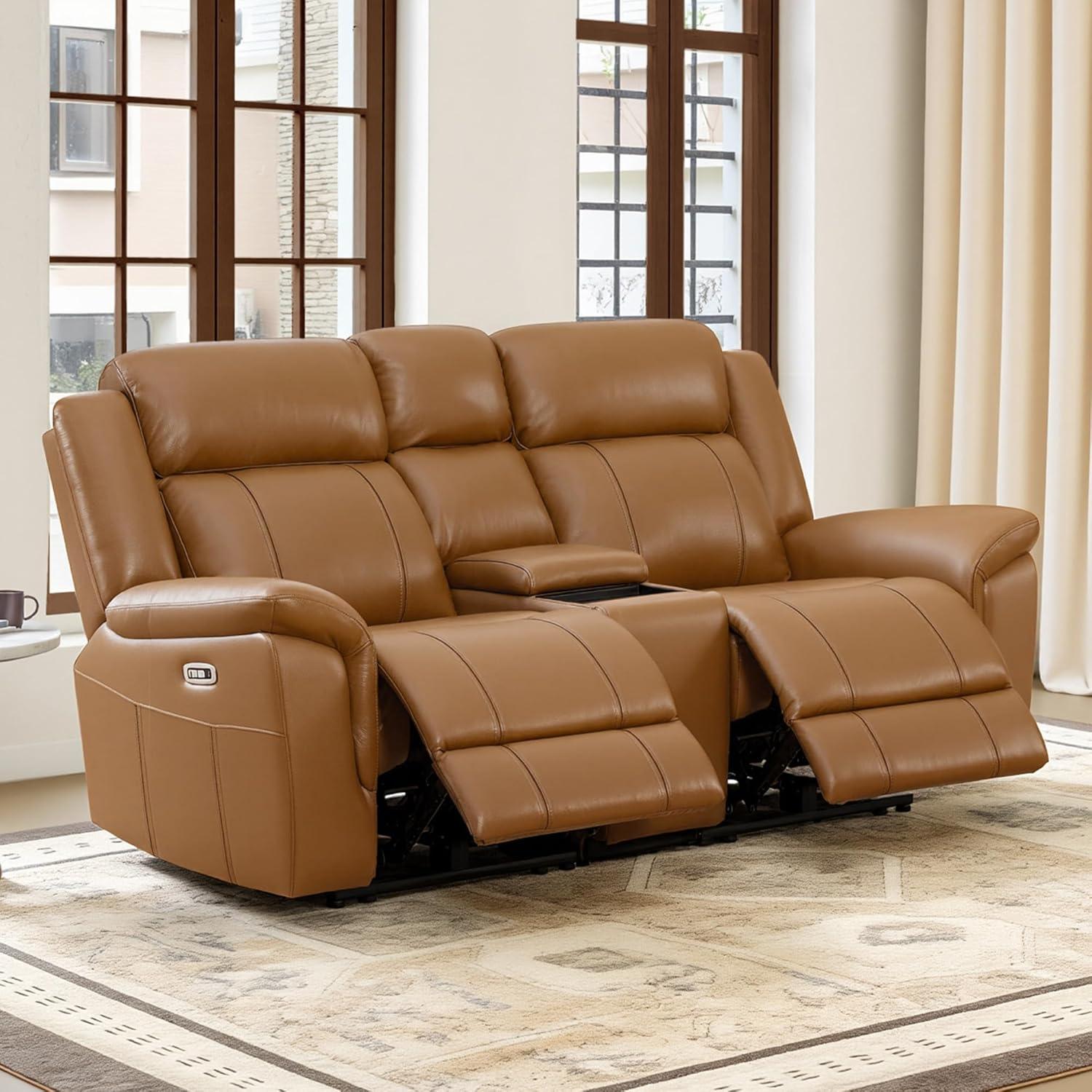 image:imageCHITA Genuine Leather Power Recliner Sofa Wall Hugger Reclining Loveseat with Console Power Headrest Charging Ports Reclining Sectional Couch for Living Room RV Dark BrownSaddle