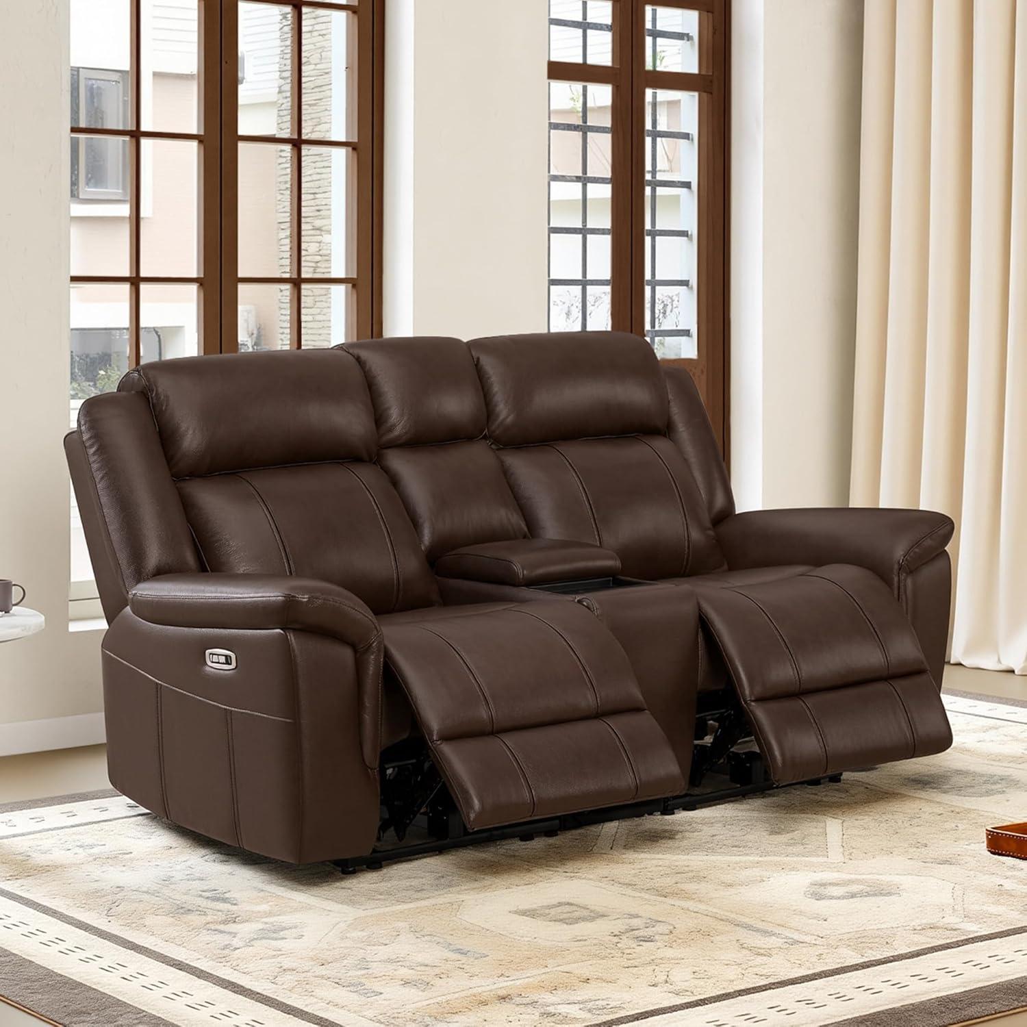 image:imageCHITA Genuine Leather Power Recliner Sofa Wall Hugger Reclining Loveseat with Console Power Headrest Charging Ports Reclining Sectional Couch for Living Room RV Dark BrownDark Brown